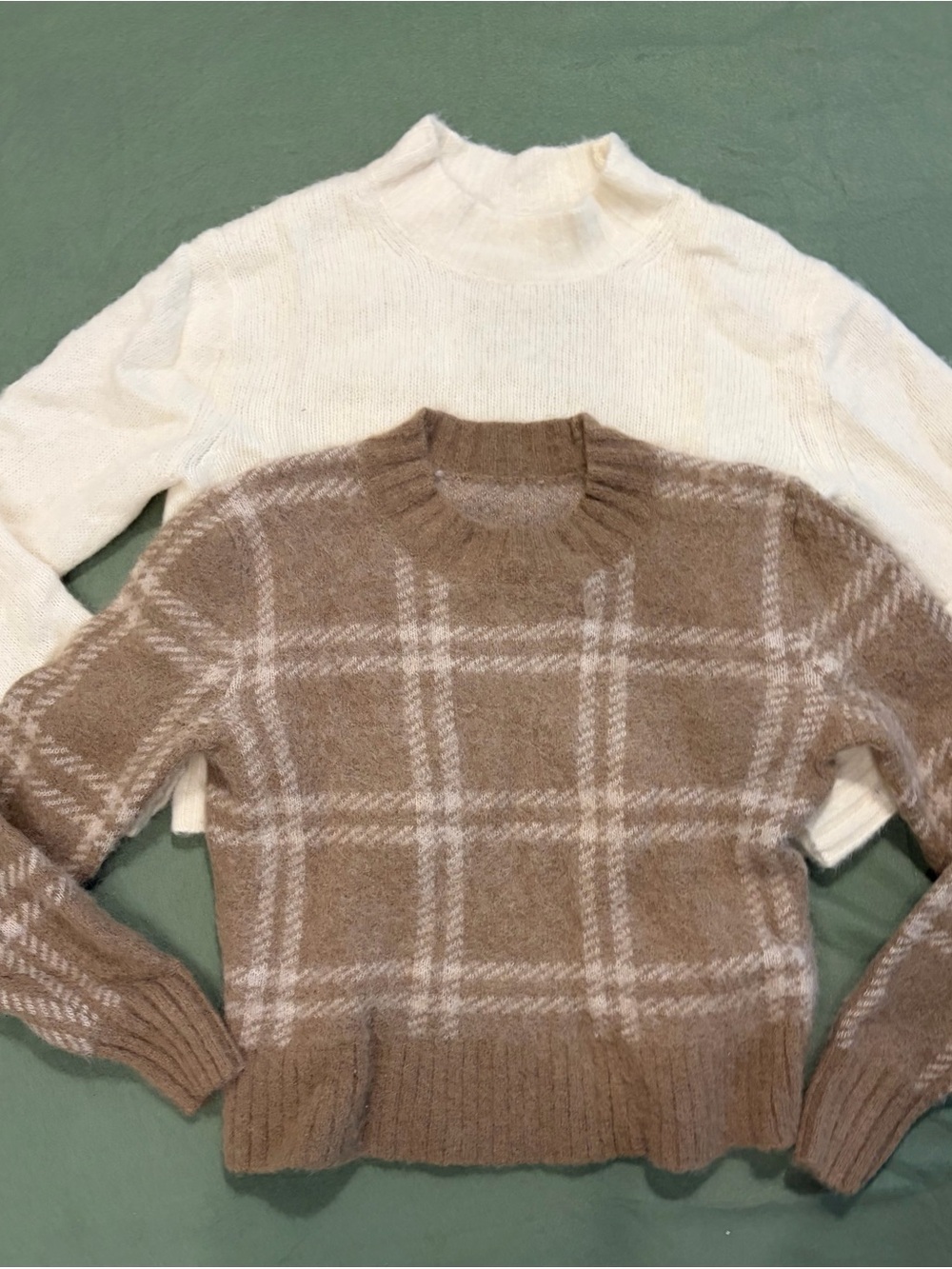 Everlane Cream Crew & Brown Plaid Crewneck Sweaters